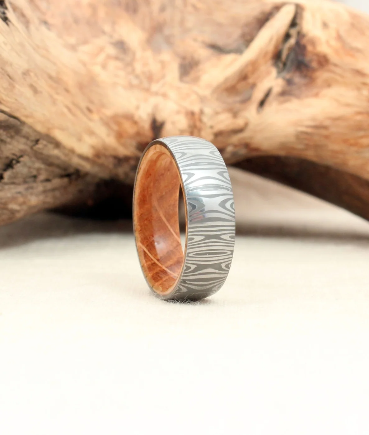 Damascus Steel and Wood Ring - Whiskey Barrel White Oak Stave Bourbon Wood Ring