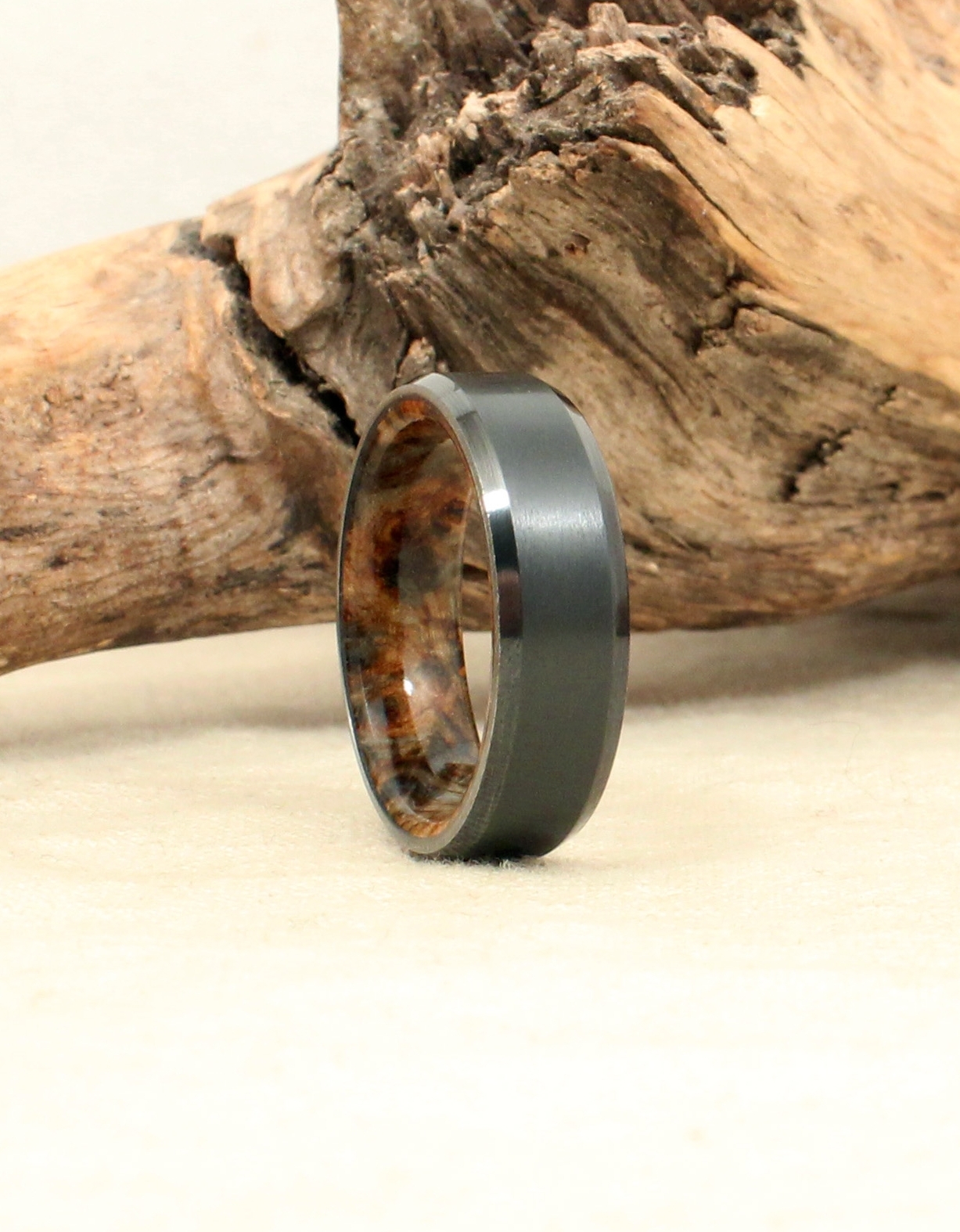 Beveled Black Zirconium Wooden Ring Lined with Stabilized Black Ash Burl — Wedgewood Rings