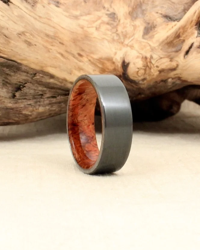 Black Zirconium Wood Ring Lined with Black Cherry Burl