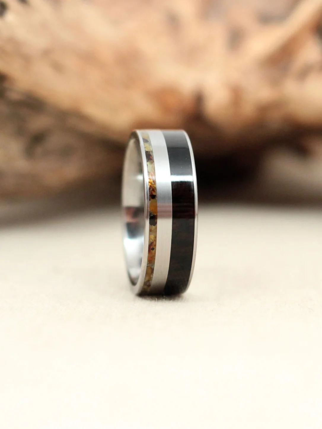 African Blackwood Wooden Ring and Baltic Amber Deconstructed Titanium Ring