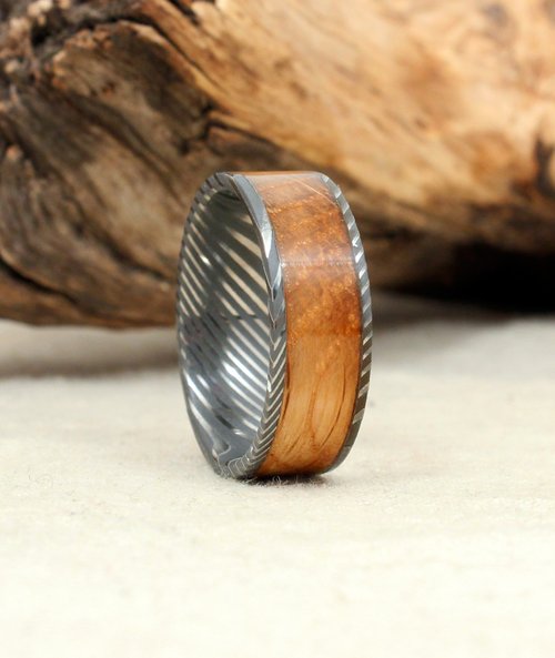 Whiskey Barrel Oak Wedding Rings Damascus Steel and Used Barrel