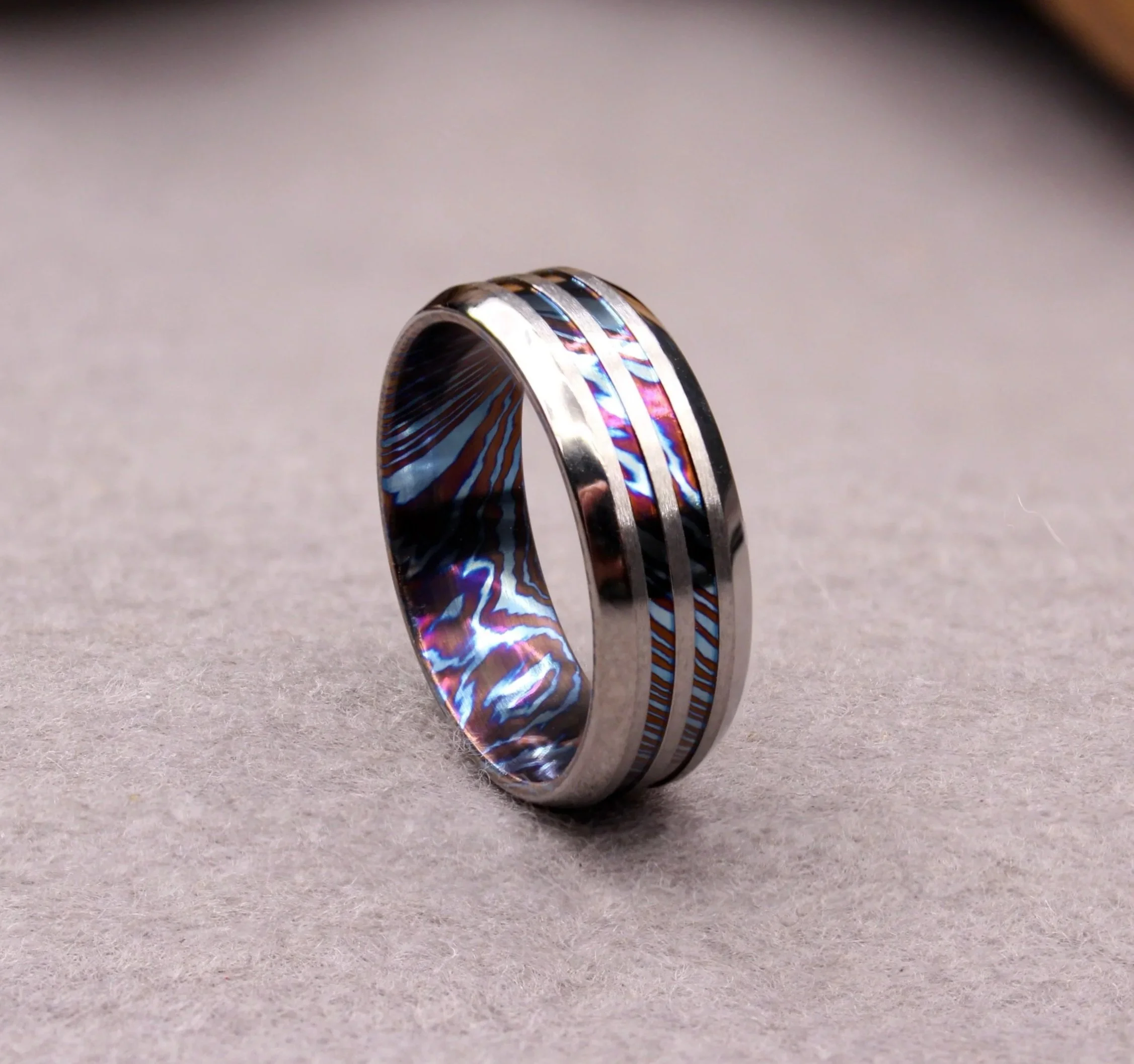 Damascus Titanium Mokume-Ti Ring Double Channel