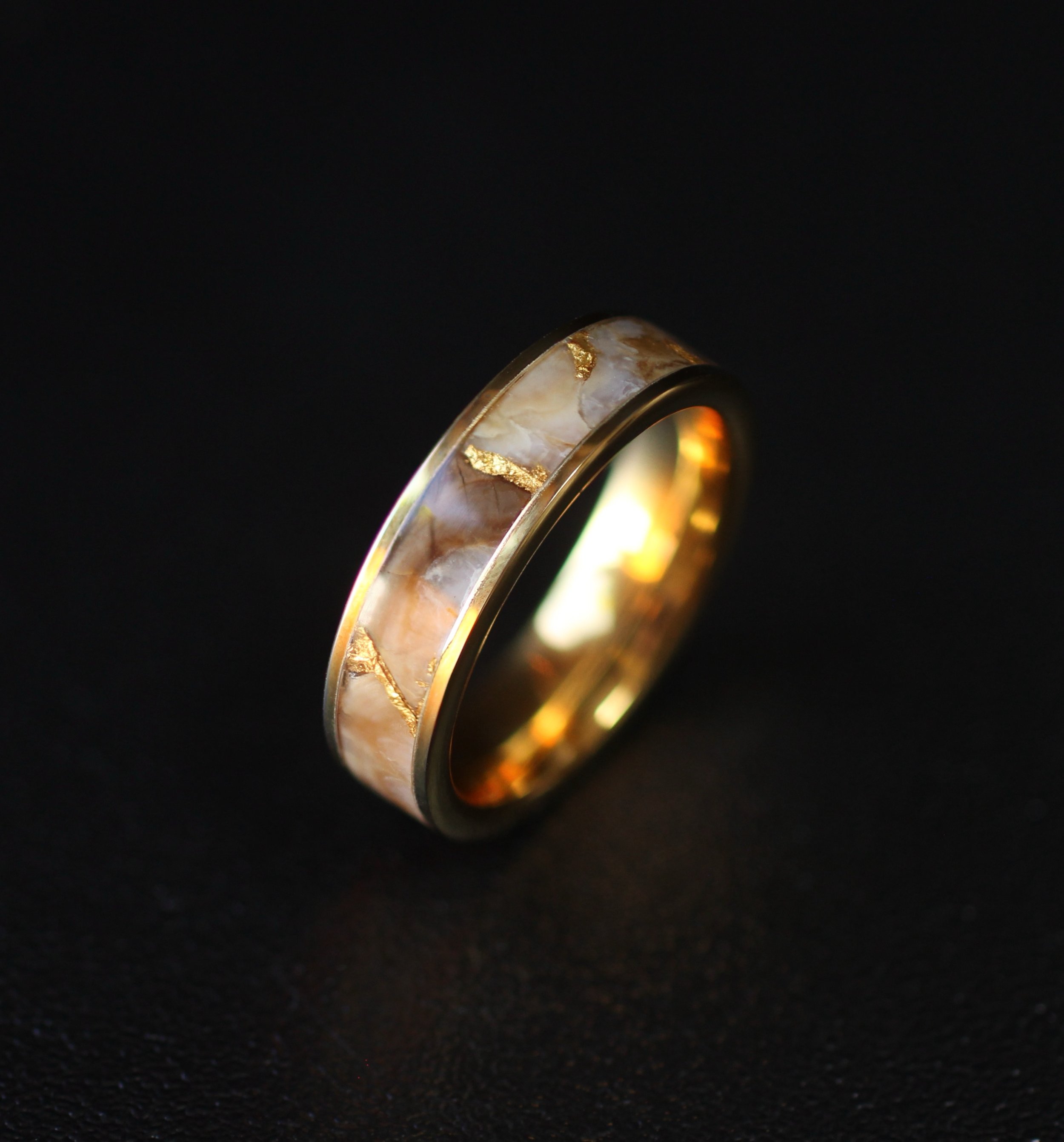 Ancient Mammoth Ivory Tooth and 23k Gold in Gold Tungsten Carbide