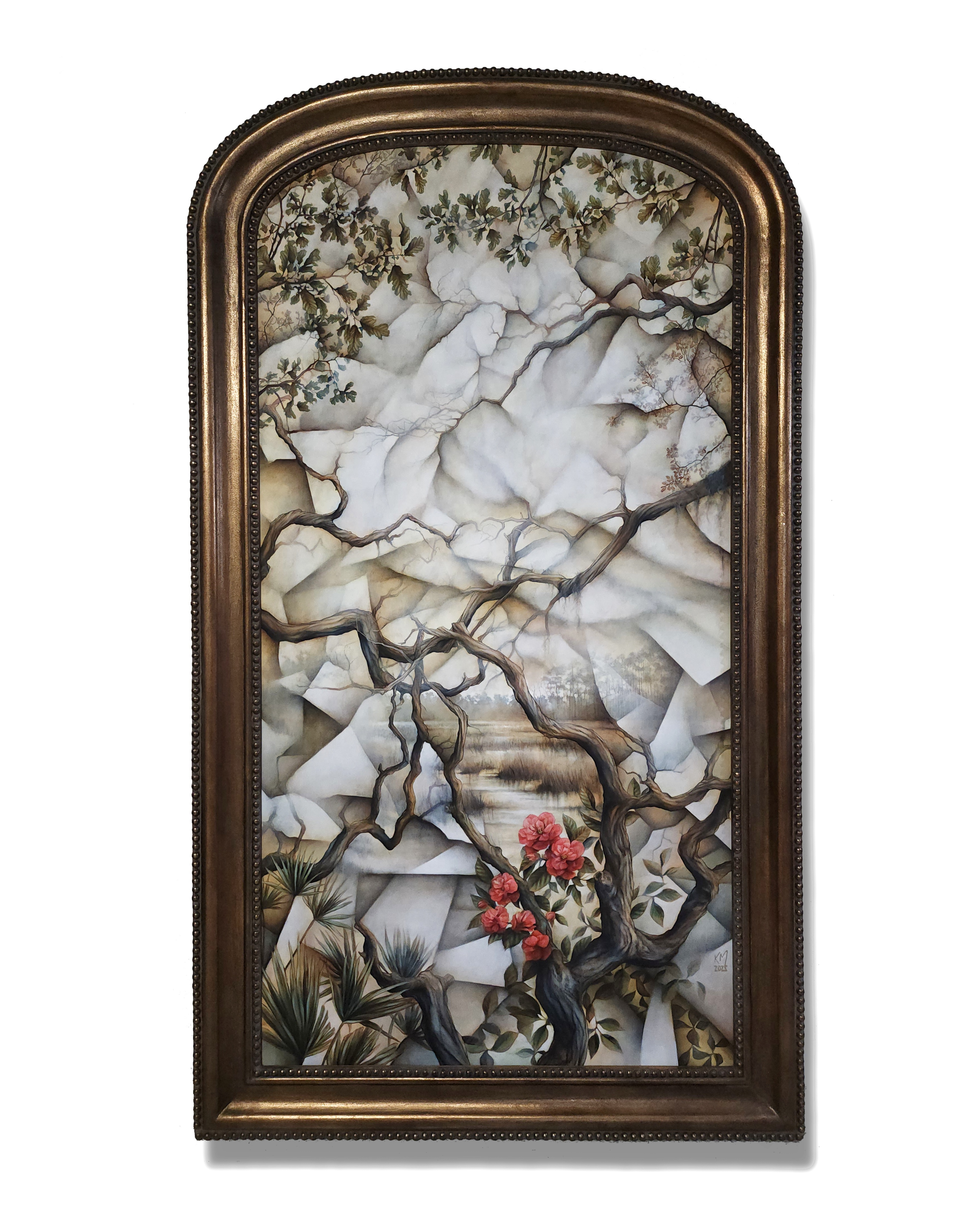  This privately commissioned painting was completed on a custom-built panel, over 7 feet in height, as a homage to the marsh landscape surrounding the client's South Carolina home. 