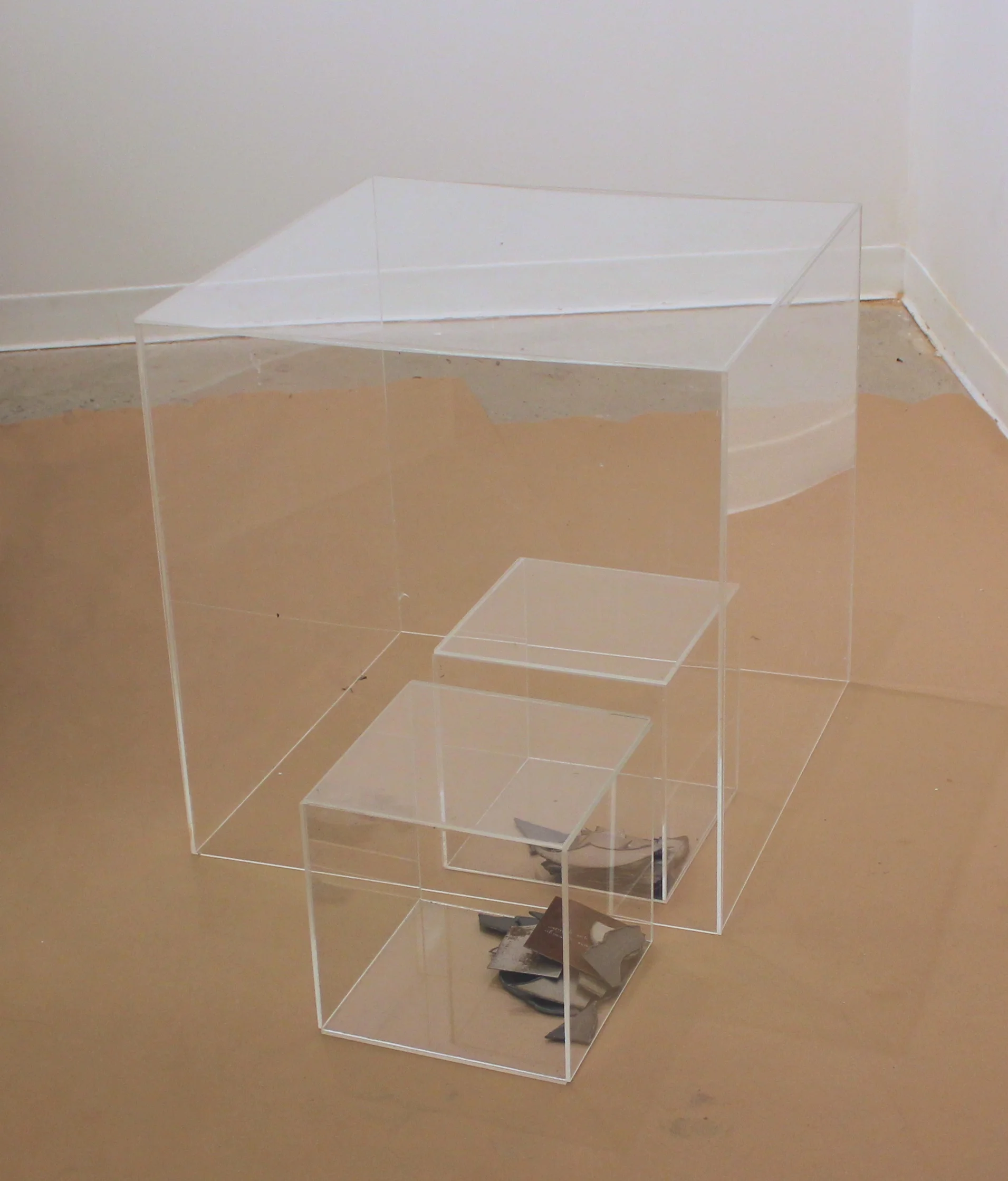  Plexiglass and steel  Large box 20"in.x20"in.&nbsp;  Small boxes 10"in.x10"in.  Steel metal scrapes (engraved)  2012 