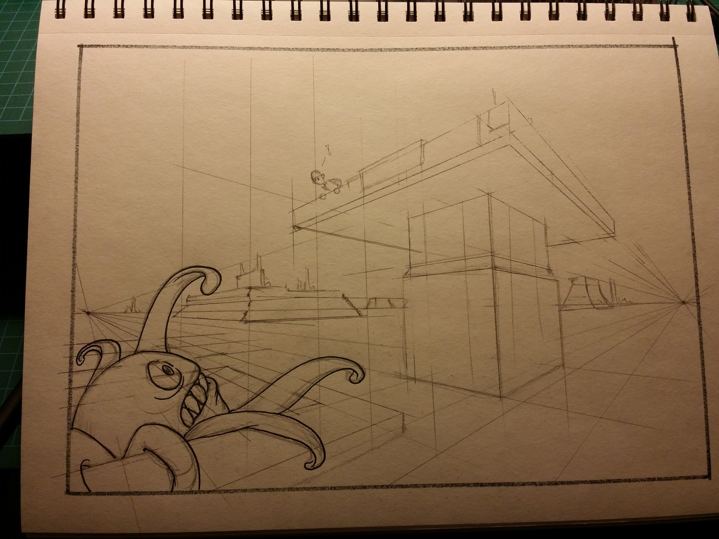 Rough pencil with perspective lines, just starting the inks.