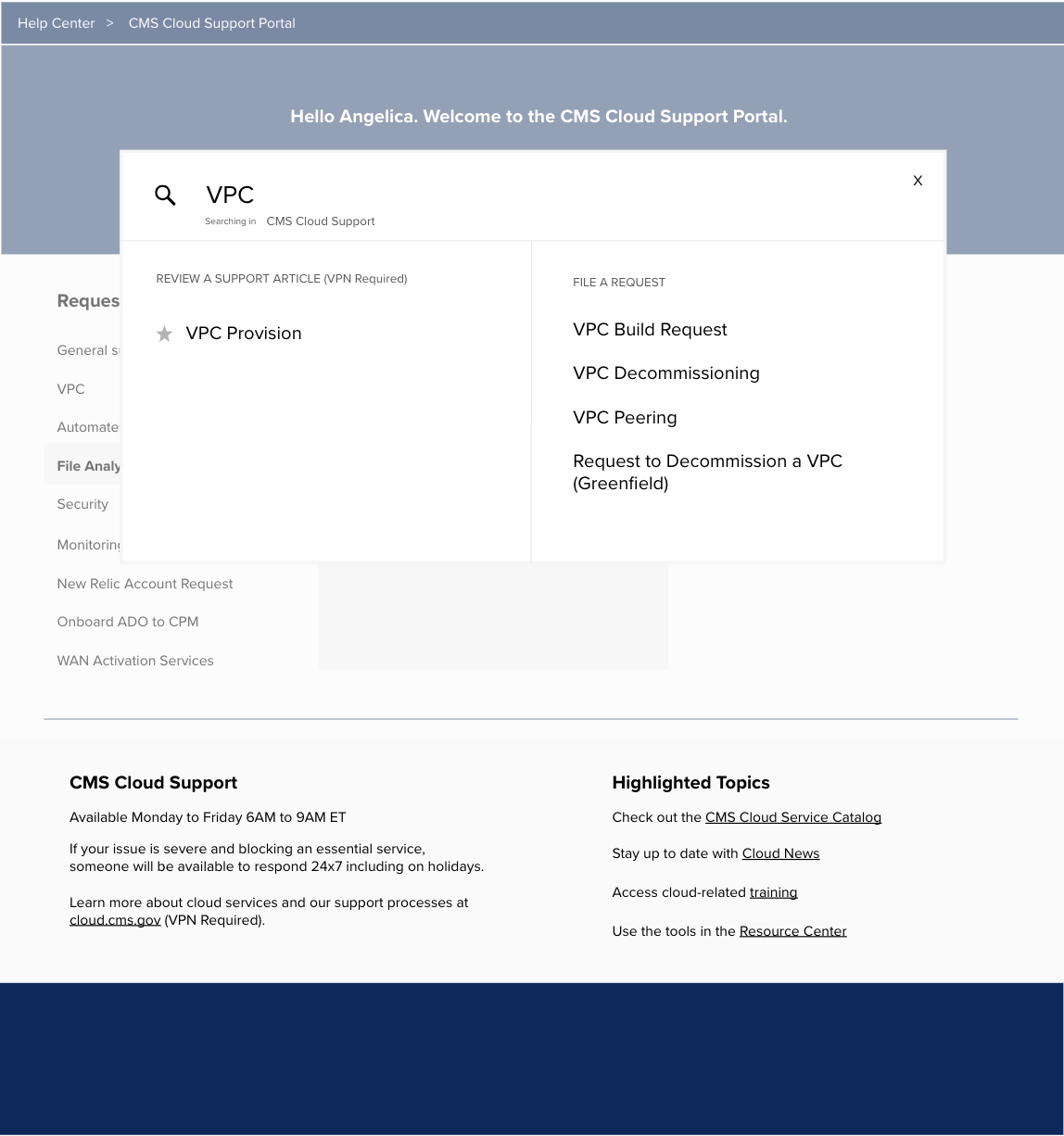 Wireframe for the Support Portal showing results for a search of the acronym "VPC"
