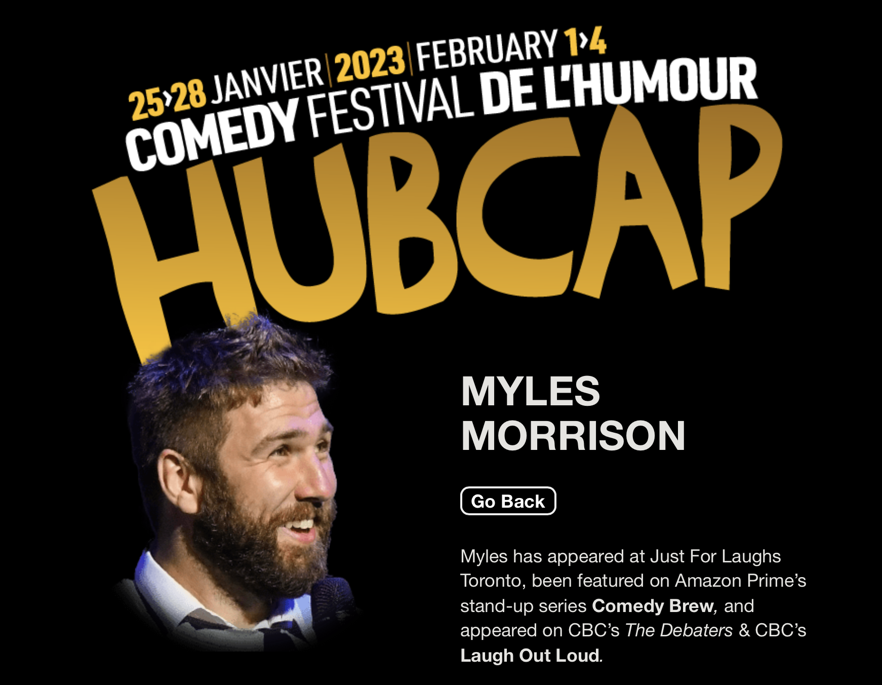 Myles performing at the Hubcap Comedy Festival