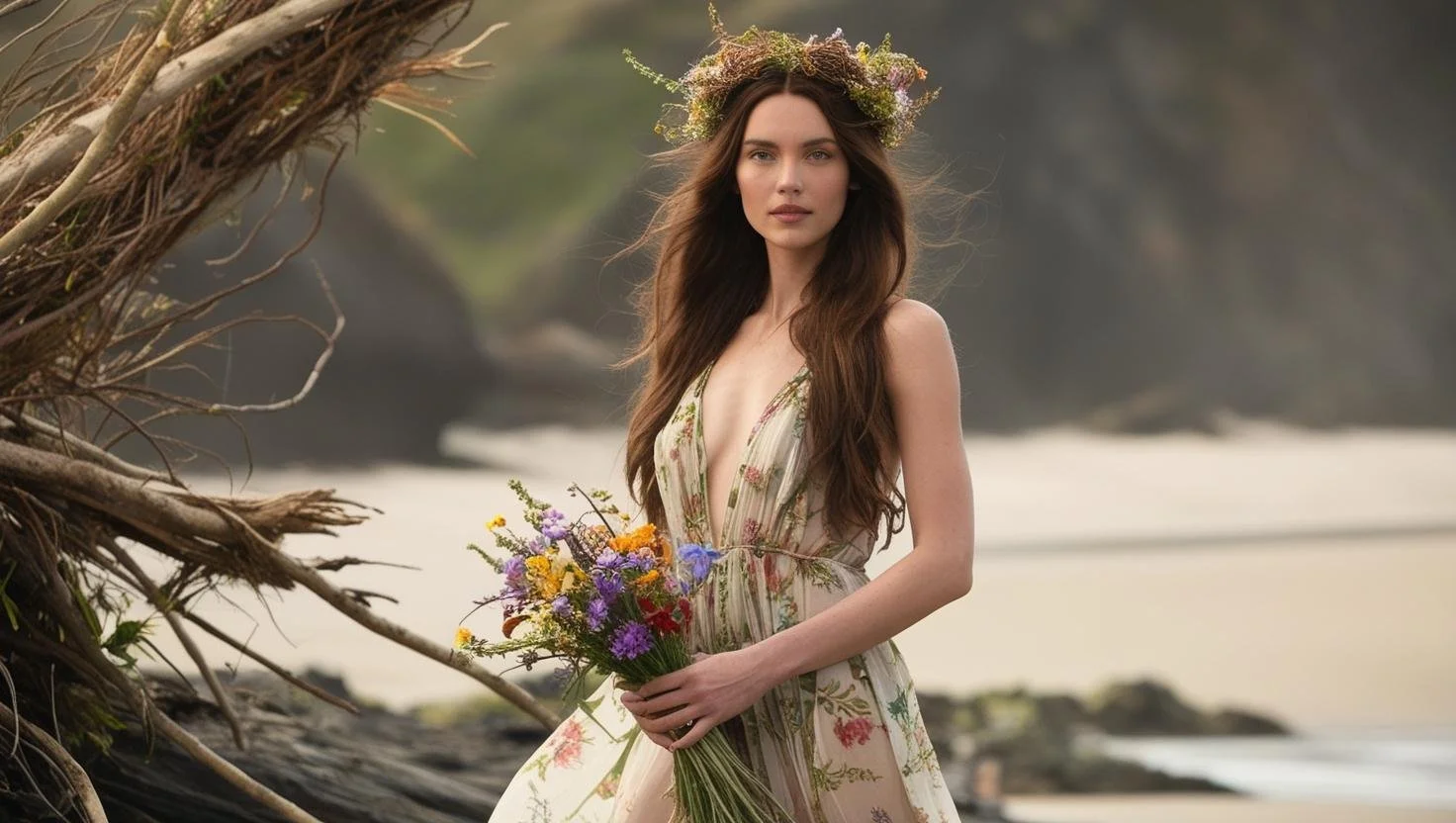 a w brown hair on the beach in nature. its wild nature. . she is the goddess of spring. she is wearing a wild flowers crown . the crown is organic, uneven,  unorgonized. natural, simple. her fancy dress have floral pattern. she holds a .jpg