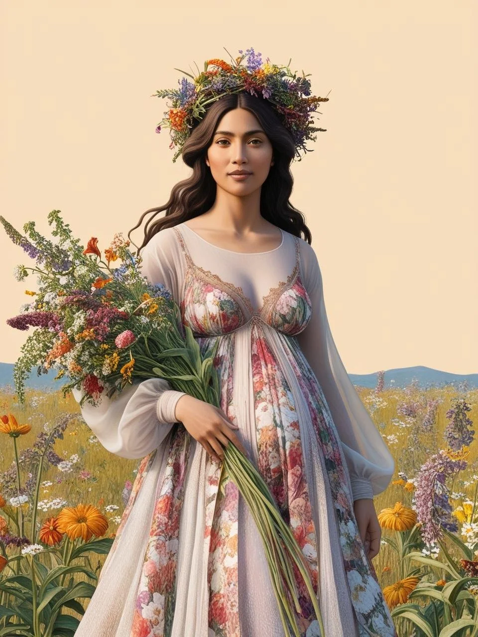 your policies_ a portrait of a woman with long hair in a flower background. She is healthy and strong and exudes a content, angelic warrior demeanor. Modestly dressed.  a backdrop of flowers behind her.  She embodies .jpg