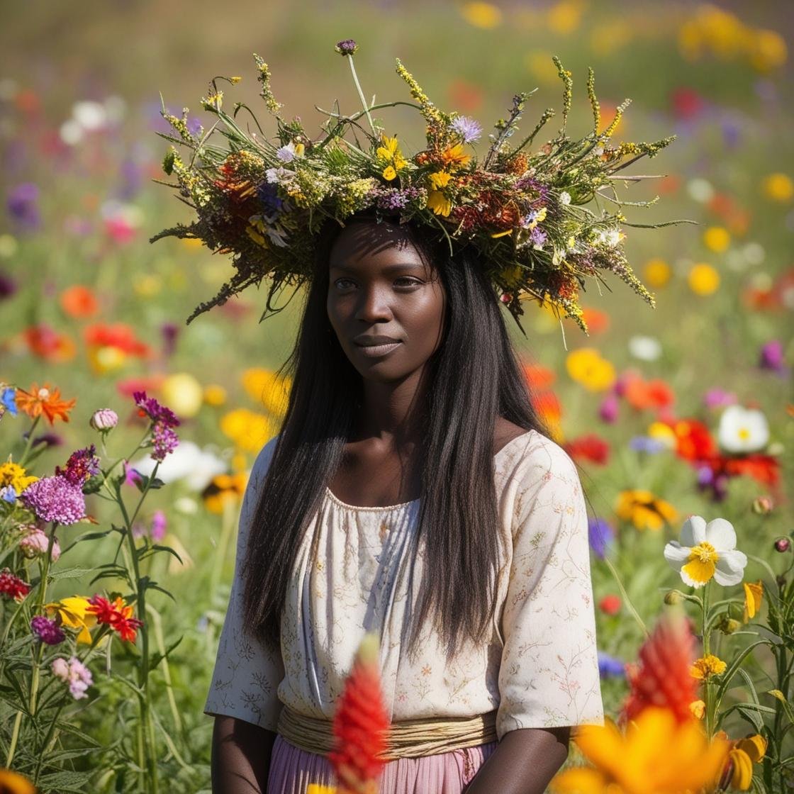 a dark skin wom en with long hair in a field. she is the goddest of spring. she is wearing an oversized wild flowers crown . the crown is organic, uneven,  unorgonized. her modest clothes have floral pattern. the field has colorful flowers. .jpg