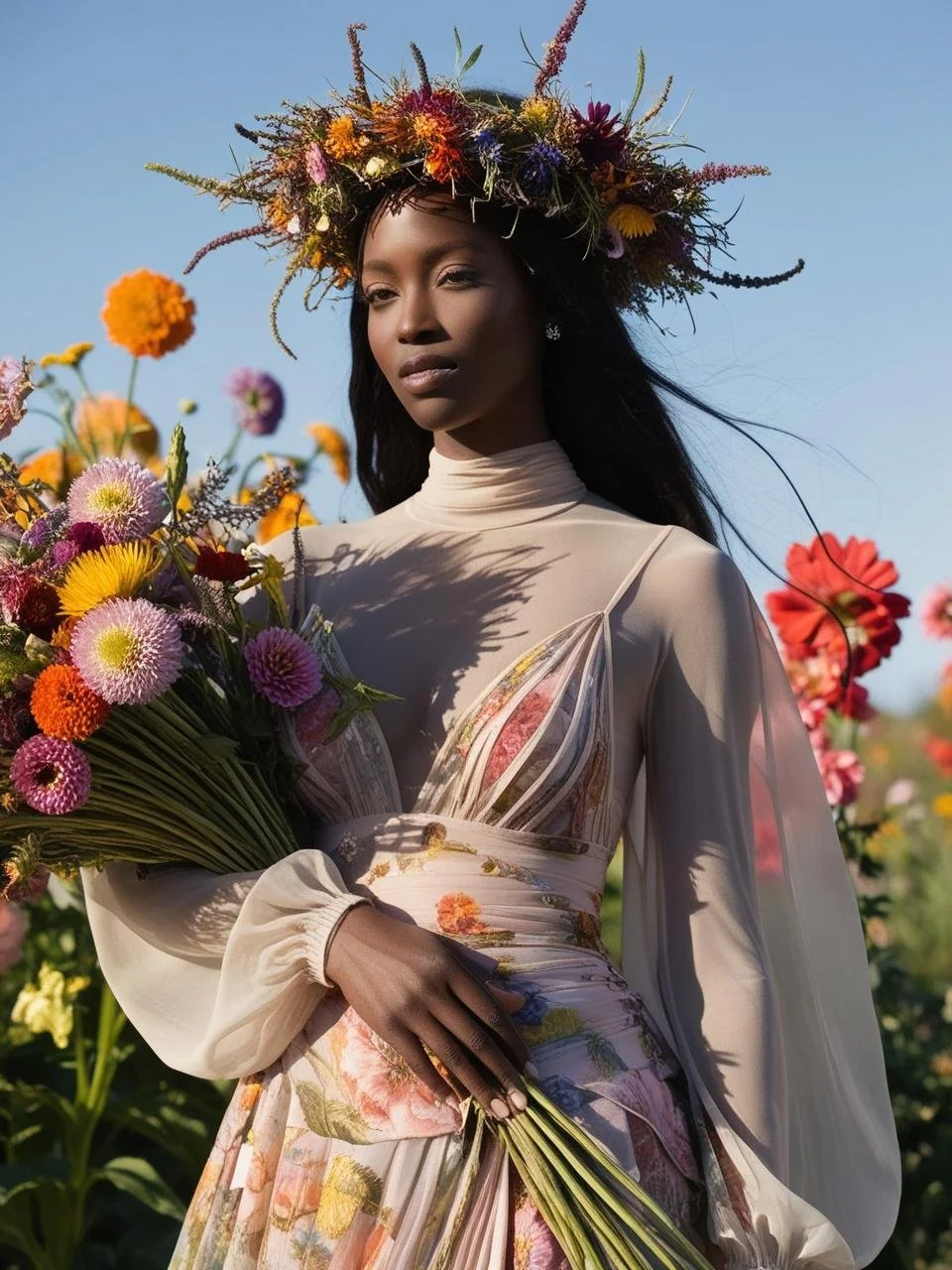 a portrait of a woman with long hair in a flower background. She is healthy and strong and exudes a content, angelic warrior demeanor. Modestly dressed.  a backdrop of flowers behind her.  She embodies .jpg