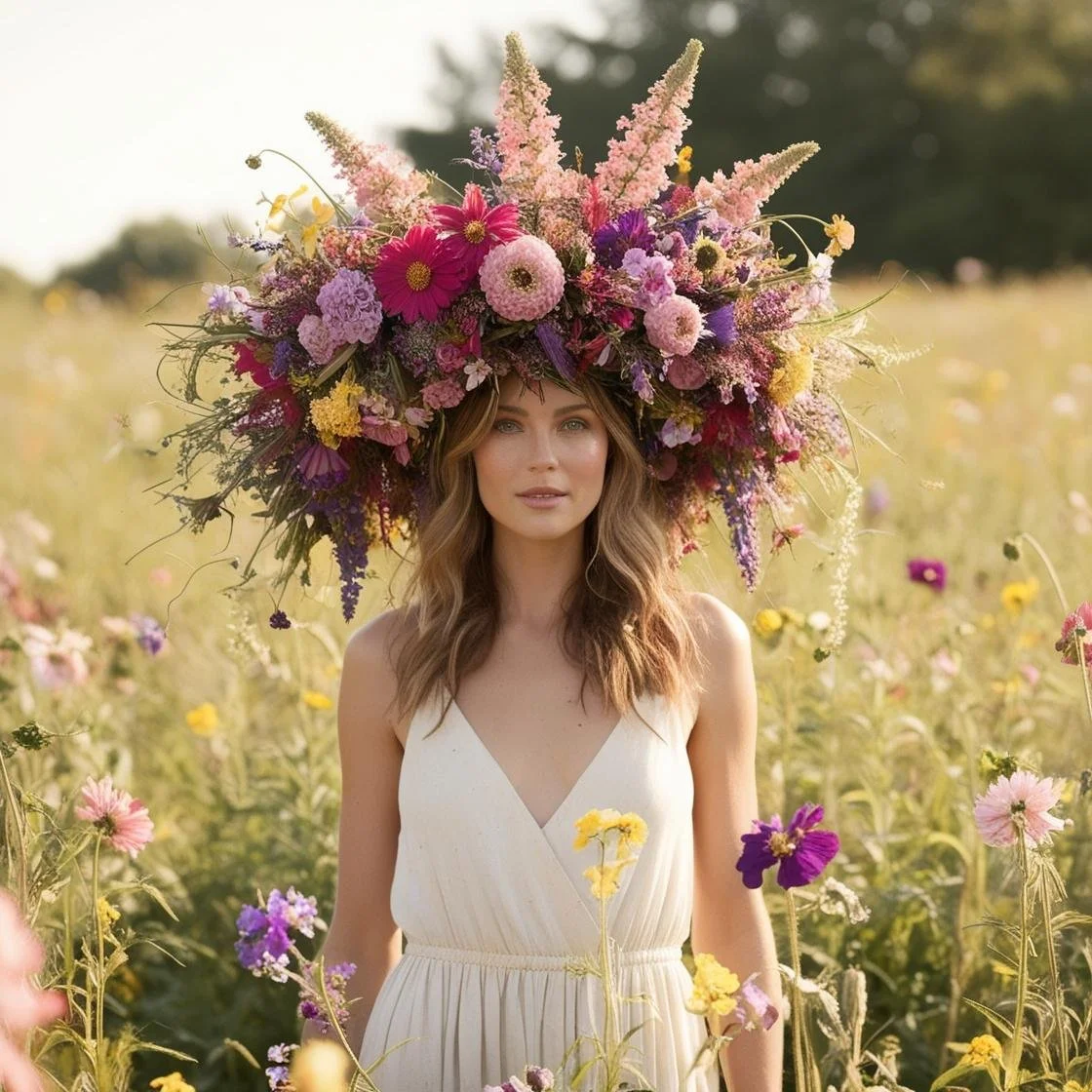 a wome n with a huge wild flower crown . its organic, unorgonized. she is in a field.jpg