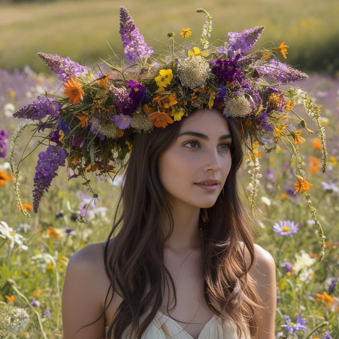 an ital ian women with long hair in a field. she is wearing an oversized but light wild flower crown . its organic, uneven,  unorgonized. .jpg