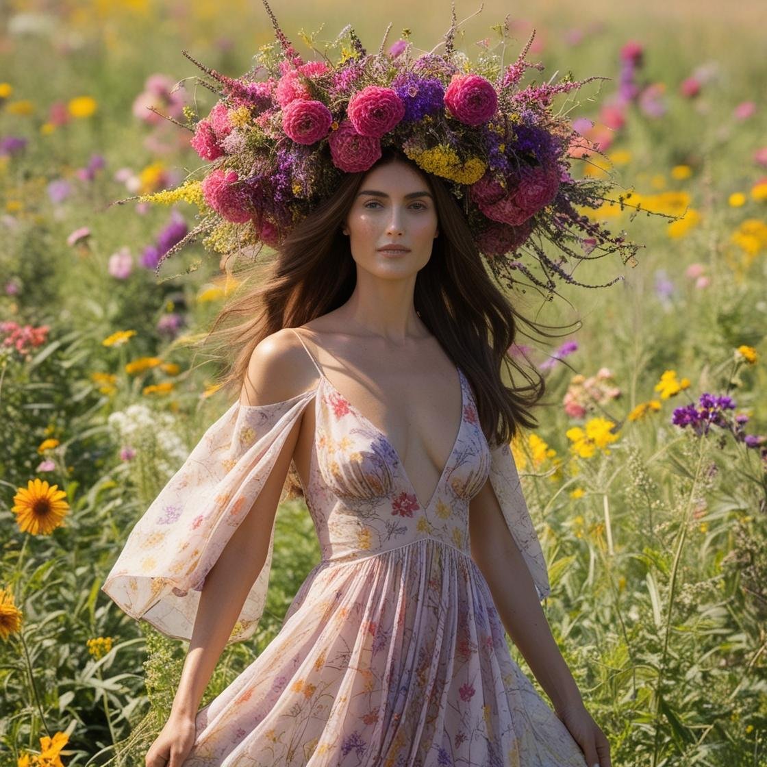 an itali an women with long hair in a field. she is wearing an oversized but light wild flower crown . its organic, uneven,  unorgonized. her clothes have floral pattern. the field has flowers.jpg