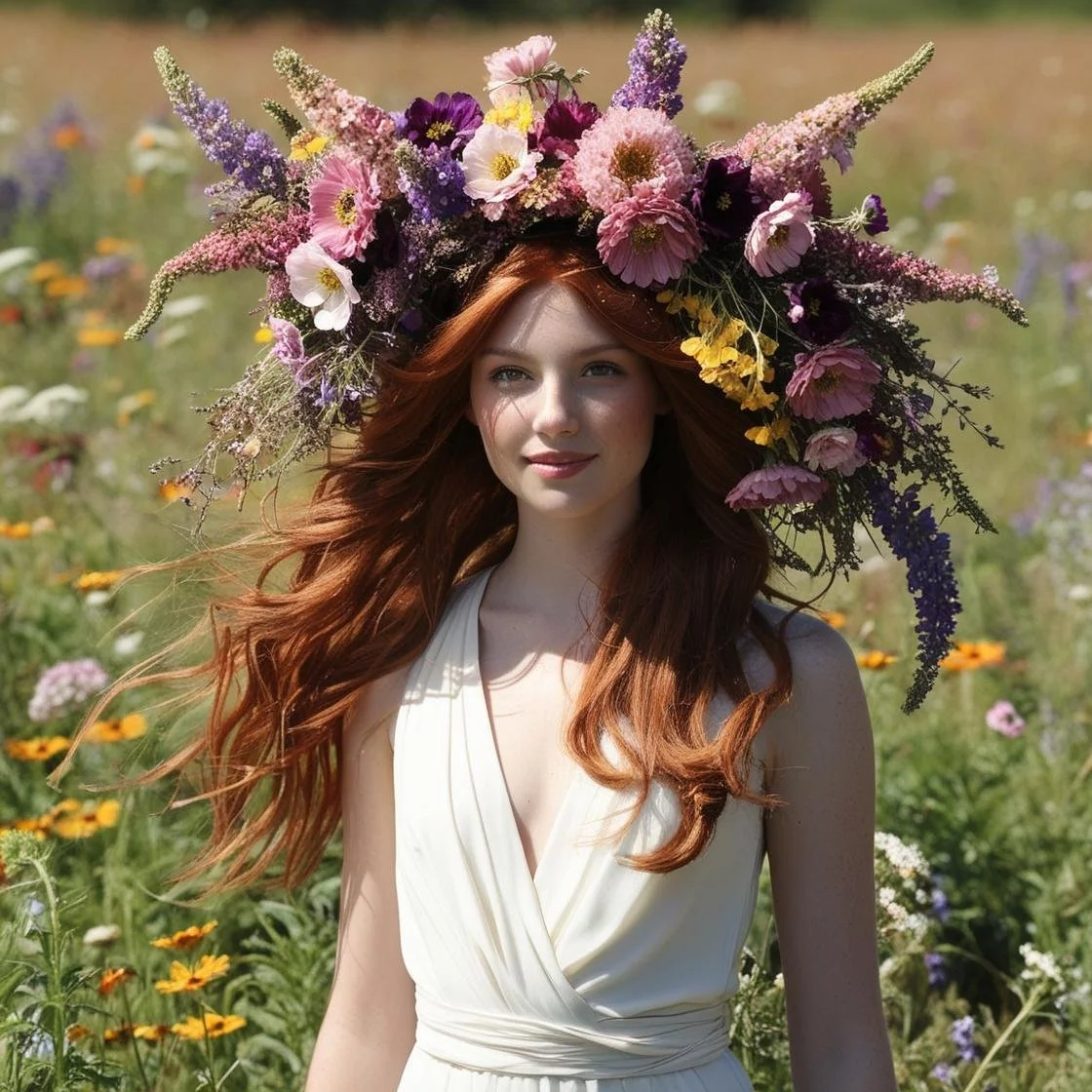 an italian wo men with long hair in a field. she is wearing an oversized but light wild flower crown . its organic, uneven,  unorgonized. .jpg