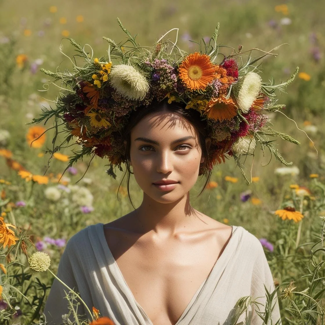 an italian women in a field. she is wearing an oversized but light wild flower crown . its organic, uneven,  unorgonized. .jpg