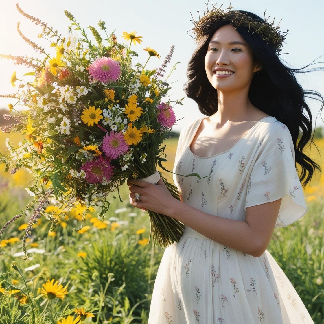brie with long black hair in a field. she is the goddess of spring. she is wearing a wild flowers crown . the crown is organic, uneven,  unorgonized. natural, simple. her modest dress have floral pattern. the field has colorful flowers. she holds an.jpg
