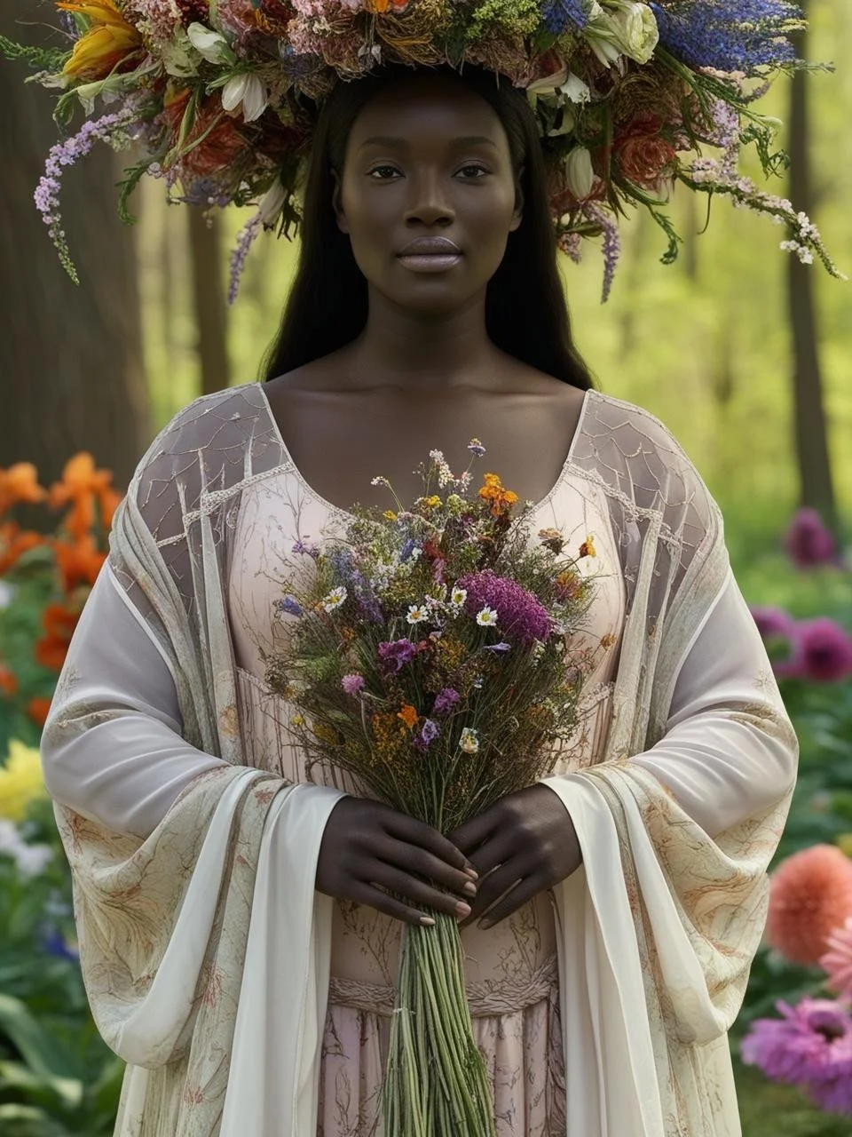 Creatat aligns with your policies_ a portrait of a woman with long hair in a forest. She has a size s figure and exudes a content, angelic demeanor. Modestly dressed.  a backdrop of flowers behind her. She embodies the goddess of spring,.jpg
