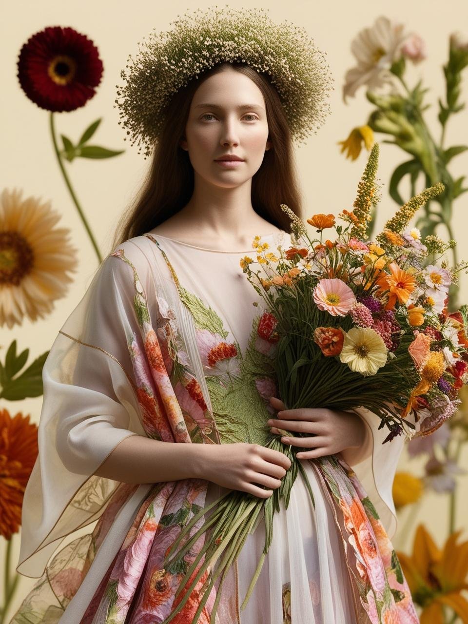 Create an image that aligns with your policies_ a portrait of a woman with long hair in a flower background. She is healthy and strong and exudes a content, angelic warrior demeanor. Modestly dressed.  a backdrop of flowers behind her.  She embodies .jpg