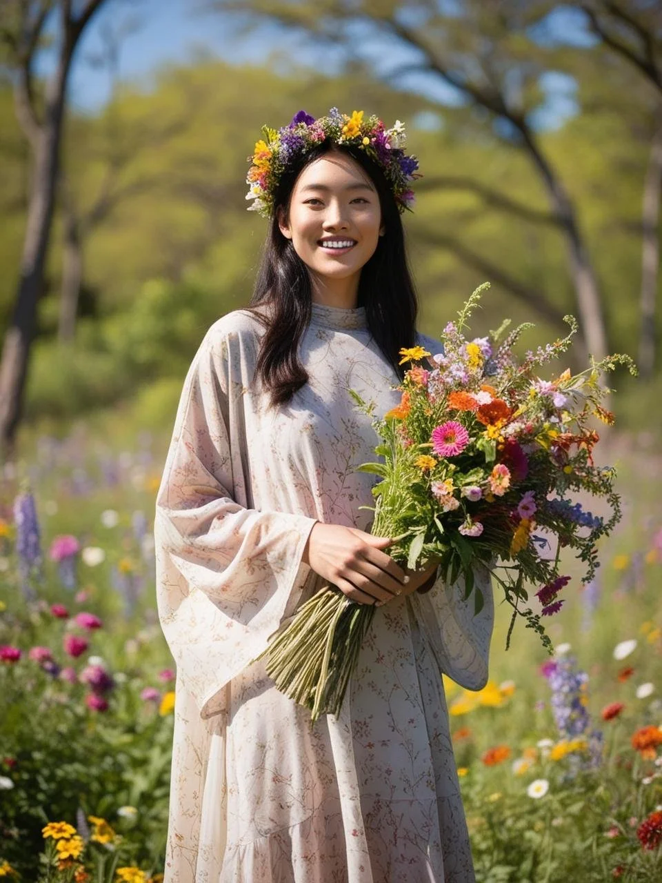 Create an image that aligns with your policies_ a portrait of a woman with long hair in a forest, surrounded by wildflowers. she is normal size. happy. she is dressed modestly. we dont see her legs. The setting is crowded with colorful flowers, serou.jpg