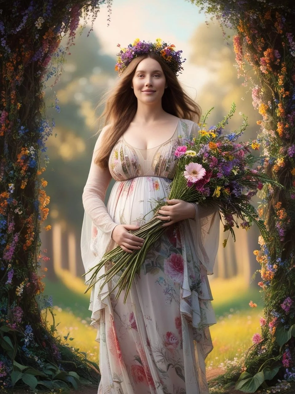 Create an image that aligns with your policies_ a portrait of a woman with long hair in a forest, surrounded by wildflowers. She has a size M figure and exudes a content, angelic demeanor. Modestly dressed, her legs are not visible. The setting is cr.jpg