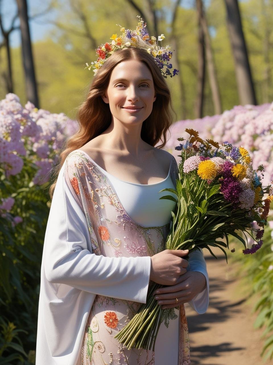 Create an imwith your policies_ a portrait of a woman with long wavy hair in a flower forest. She is healthy and strong and exudes a content, angelic demeanor. Modestly dressed.  a backdrop of wild flowers behind her.  She embodies th.jpg