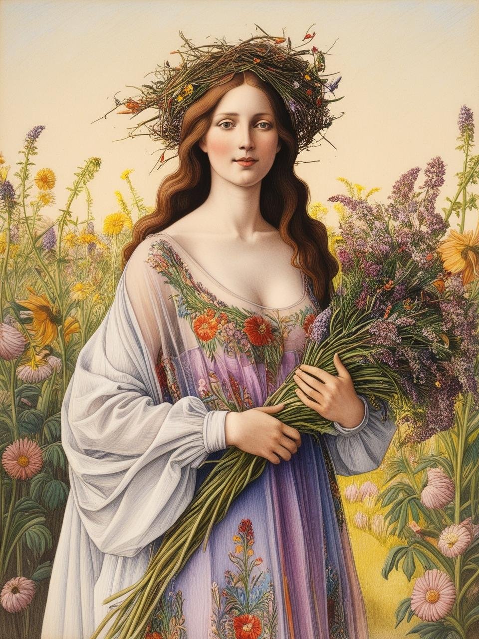 Create anns with your policies_ a portrait of a woman with long wavy hair in a flower forest. She is healthy and strong and exudes a content, angelic demeanor. Modestly dressed.  a backdrop of wild flowers behind her.  She embodies th.jpg