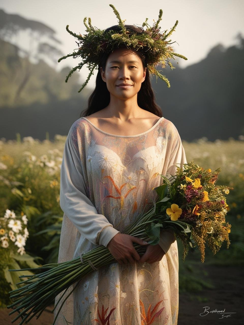 Creatgns with your policies_ a portrait of a woman with long hair in a flower forest. She is healthy and strong and exudes a content, warrior demeanor. Modestly dressed.  a backdrop of wild flowers behind her.  She embodies the god.jpg