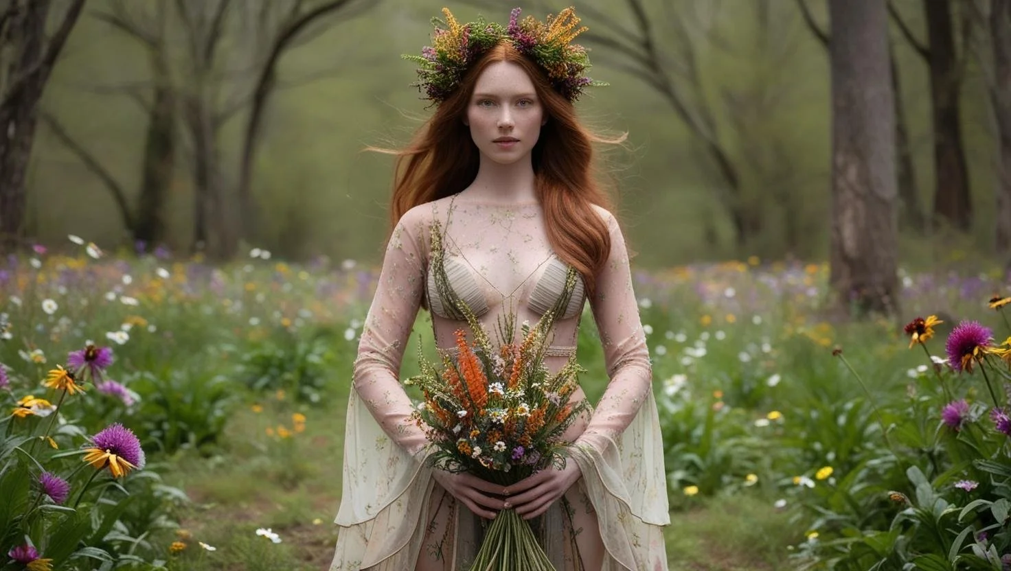 makage that meet your policies. a realitic photo_ a women with long hair in the forest. she is serounded with wild flowers . its wild nature. she is the goddess of spring. she is wearing a wild flowers crown . the crown is organic, uneven,  un.jpg