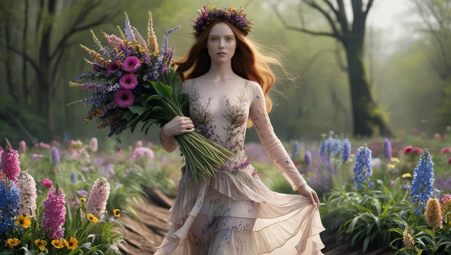 make an image that meet your policies. a hyper realitic photo_ a women with long hair in the forest. she is serounded with wild flowers . its wild nature. she is the goddess of spring. she is wearing a wild flowers crown . the crown is organic, uneve.jpg
