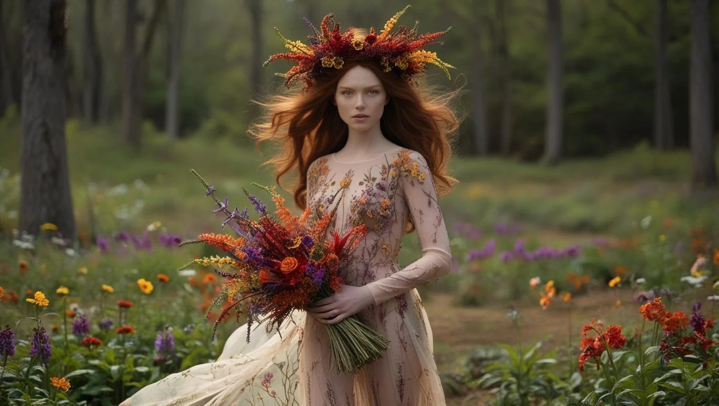 make an meet your policies. a hyper realitic photo_ a women with long hair in the forest. she is serounded with wild flowers . its wild nature. she is the goddess of spring. she is wearing a wild flowers crown . the crown is organic, uneve.jpg