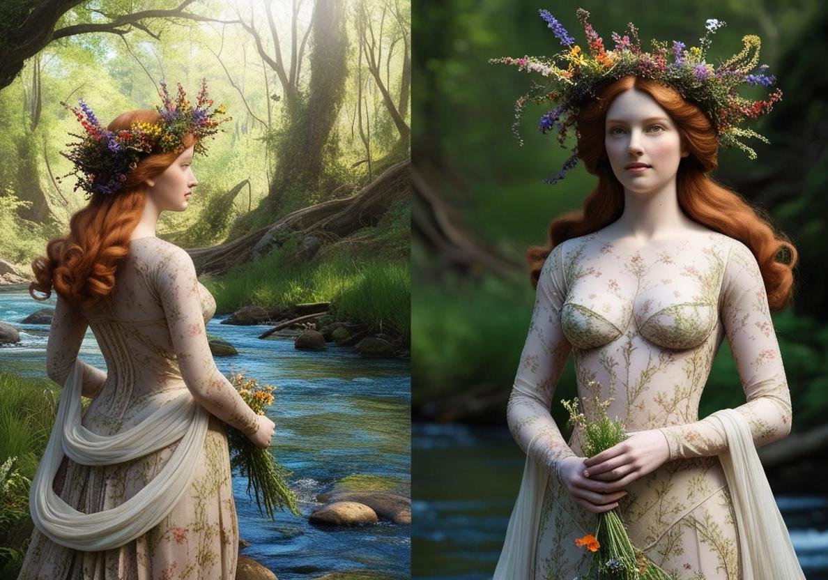 realitic en with beuty  like boticheli, with long hair near a river in the forest. its wild nature. . she is the goddess of spring. she is wearing a wild flowers crown . the crown is organic, uneven,  unorgonized. natural,  colorful. her .jpg