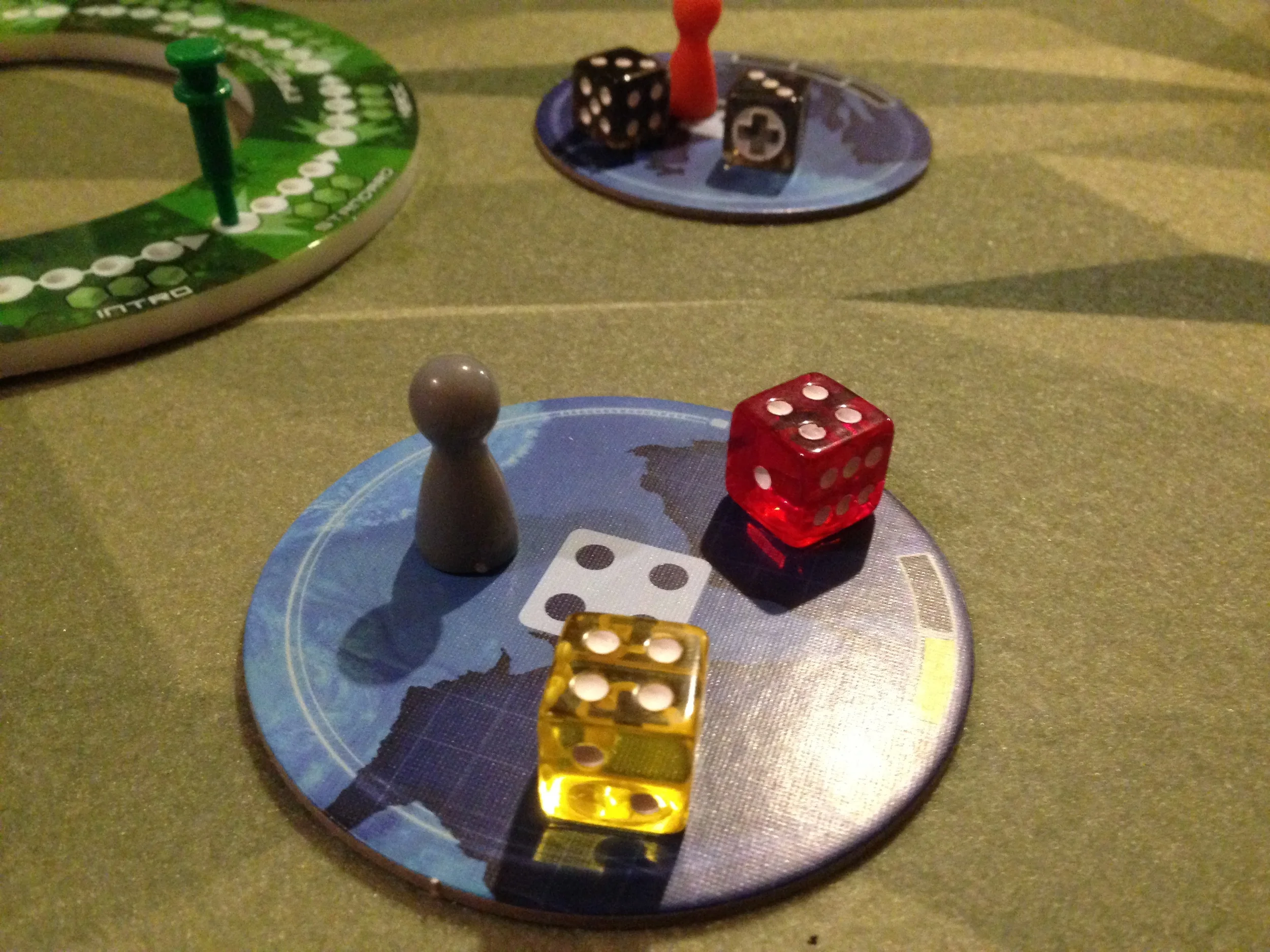 Regions, with a player pawn and some Infection dice. 