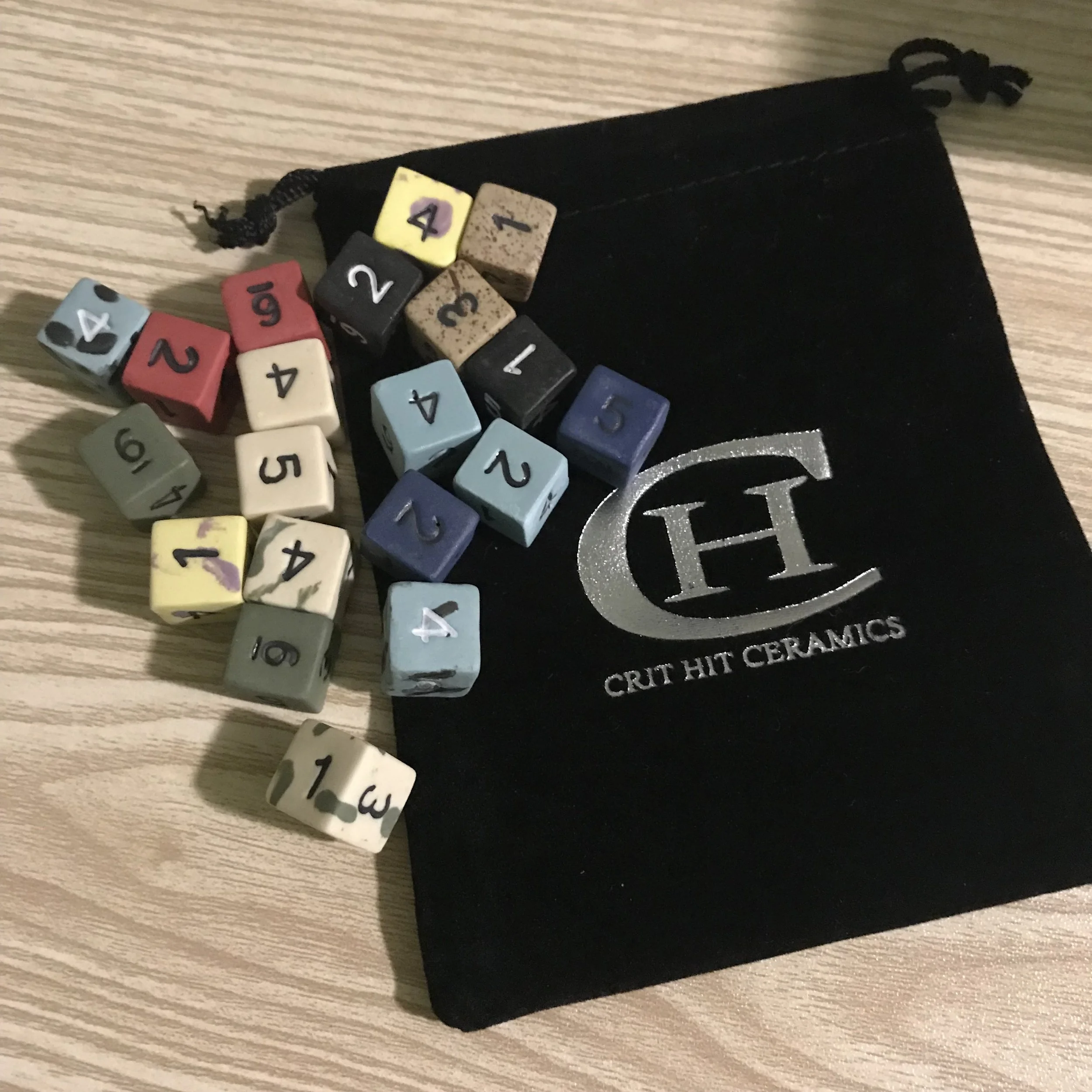 2d6 ceramic dice! you'll get a pair od 6 sided ceramic dice, you pick from the available colors! From Crit Hit Ceramics -Cost 2 credits