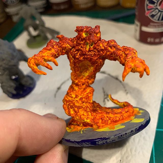 Diving into the world of miniatures painting. This Flaming Hot Cheetos Elemental is just about ready. #boardgames #miniaturespainting #dnd #dungeonsanddragons
