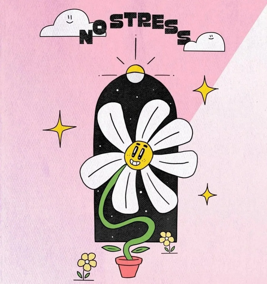 A colorful cartoon illustration of a potted flower with a smiling yellow face in the center of the flower, set against a pink background with small flowers and stars. The word 'NO STRESS' is written at the top with clouds on either side.