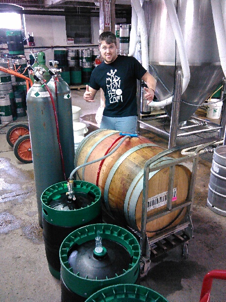 Roy is obviously excited to be filling a fresh Merlot oak barrel with Ludwig's Revenge. Shout out to Mad Men too!