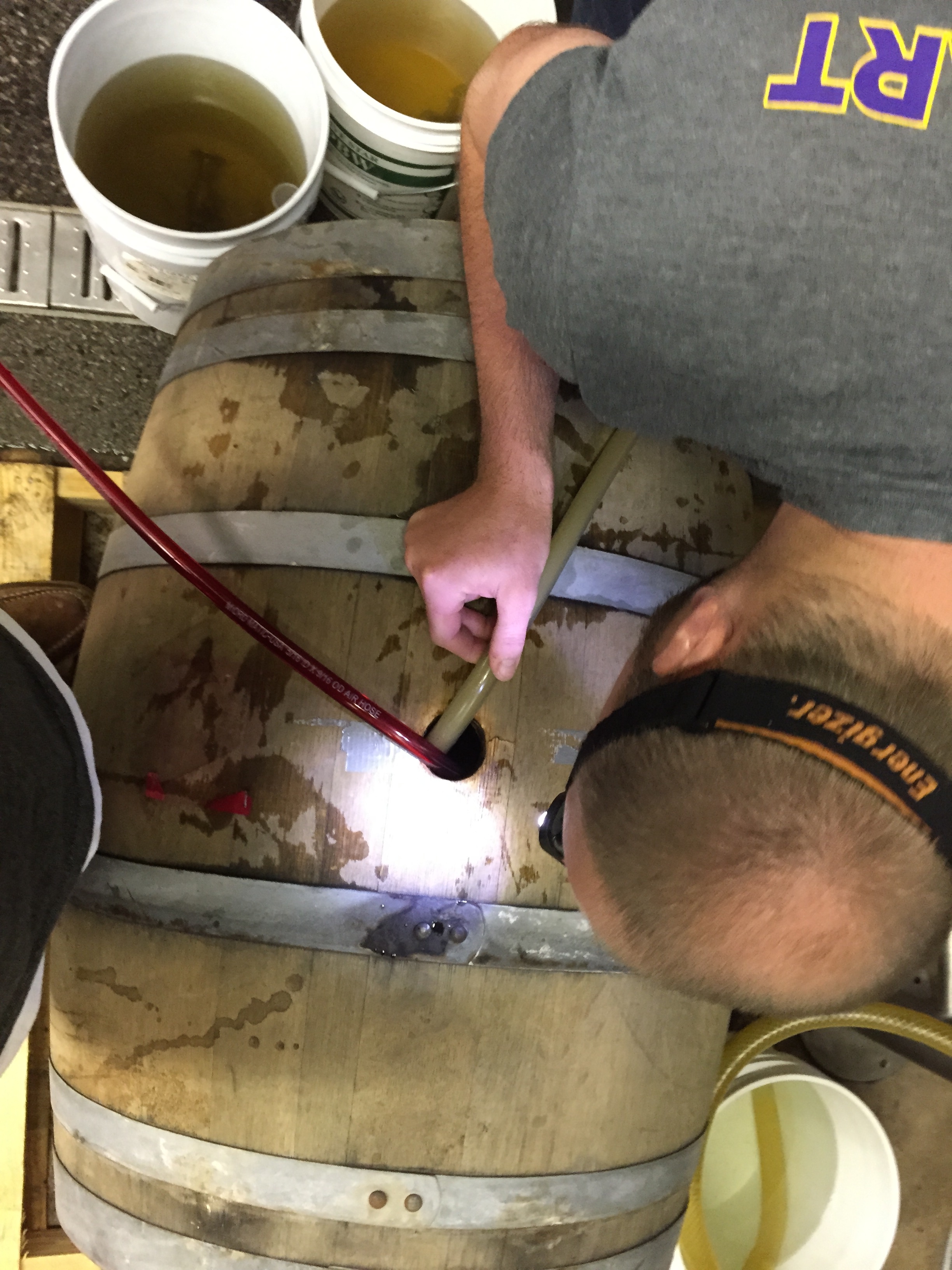 Chris filling a used white wine oak barrel from California with our Sour Hound!!
