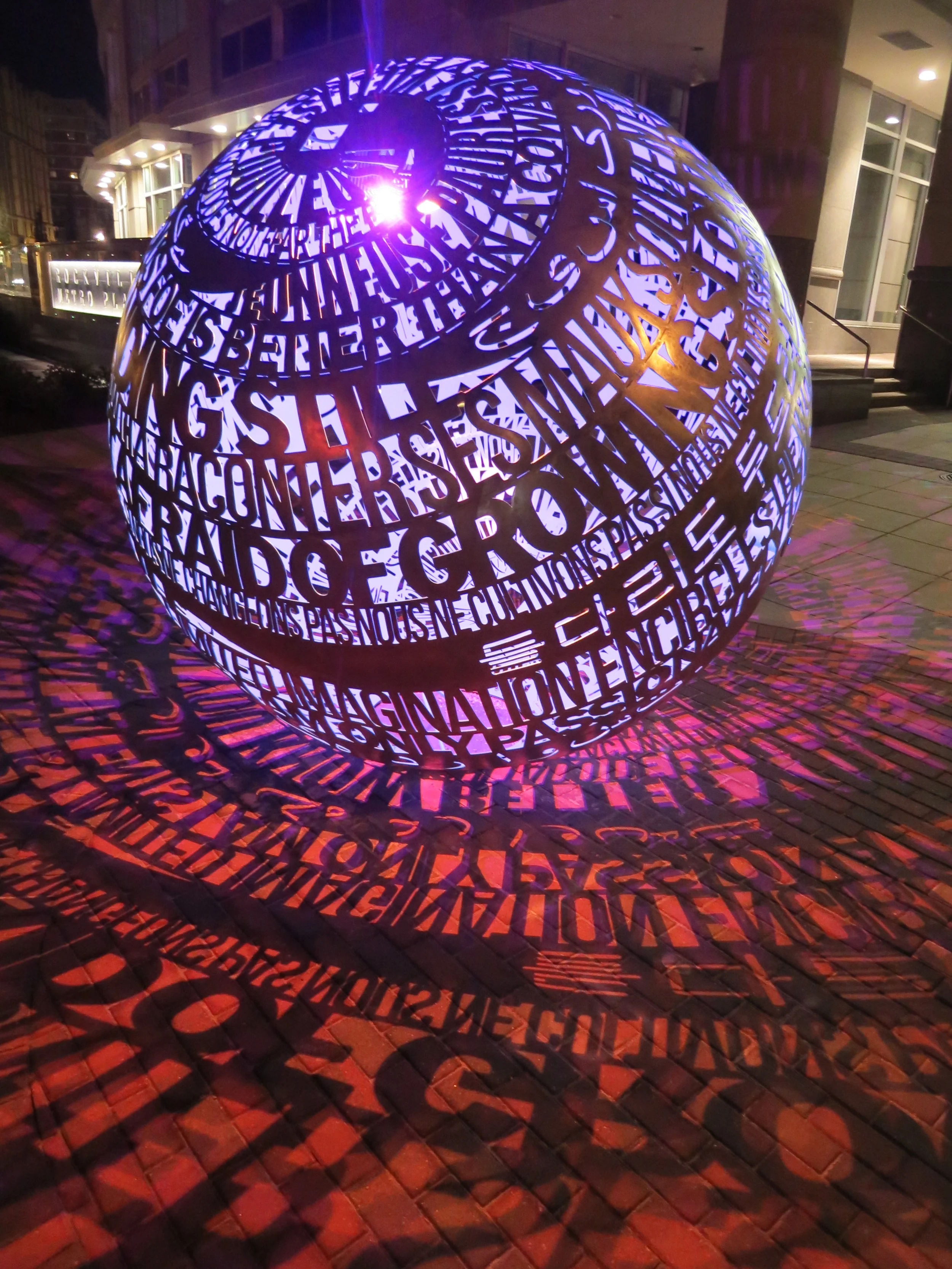 This is a large public art sculpture in downtown Rockville that has a 7 foot diameter and is internally lit. 