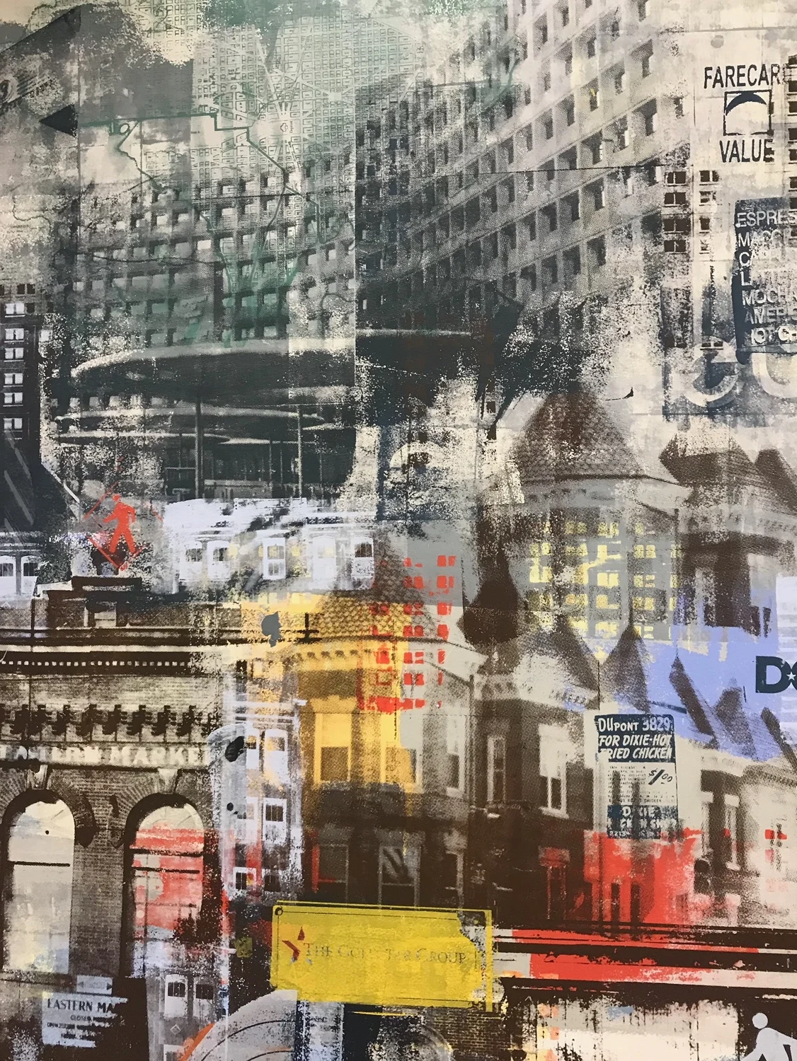 We are DROOLING over the detail & texture here! A 20th century map of DC layered underneath a photograph of the client’s new office in Bethesda, all sealed underneath The Goldstar Group’s logo?! Yes, please!