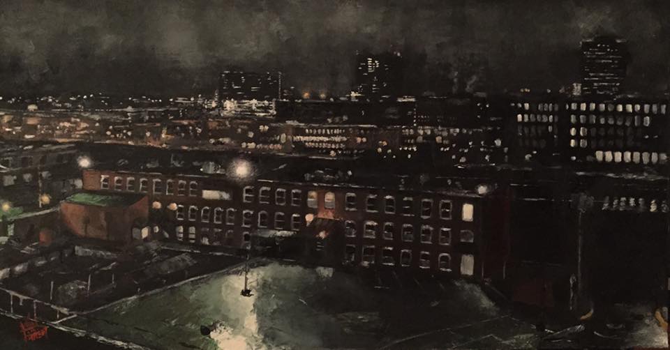 "Manchester Night" 36 x 19 inches, oil on panel