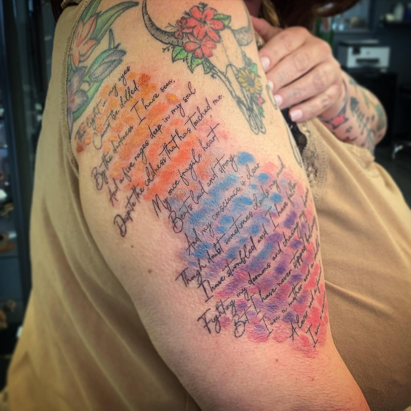 One of my favorite clients is Karrissa! We tattooed her own poem on her arm with some beautiful colors to compliment it! #mayamodification #poemtattoo #tattoos #colortattoo #poem