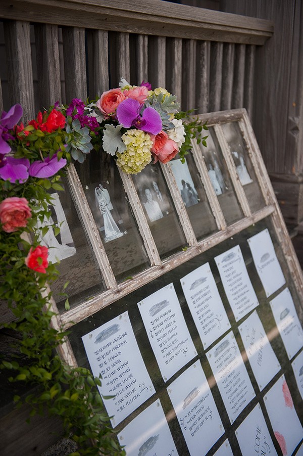 azaleaevents.com wedding rustic seating chart window