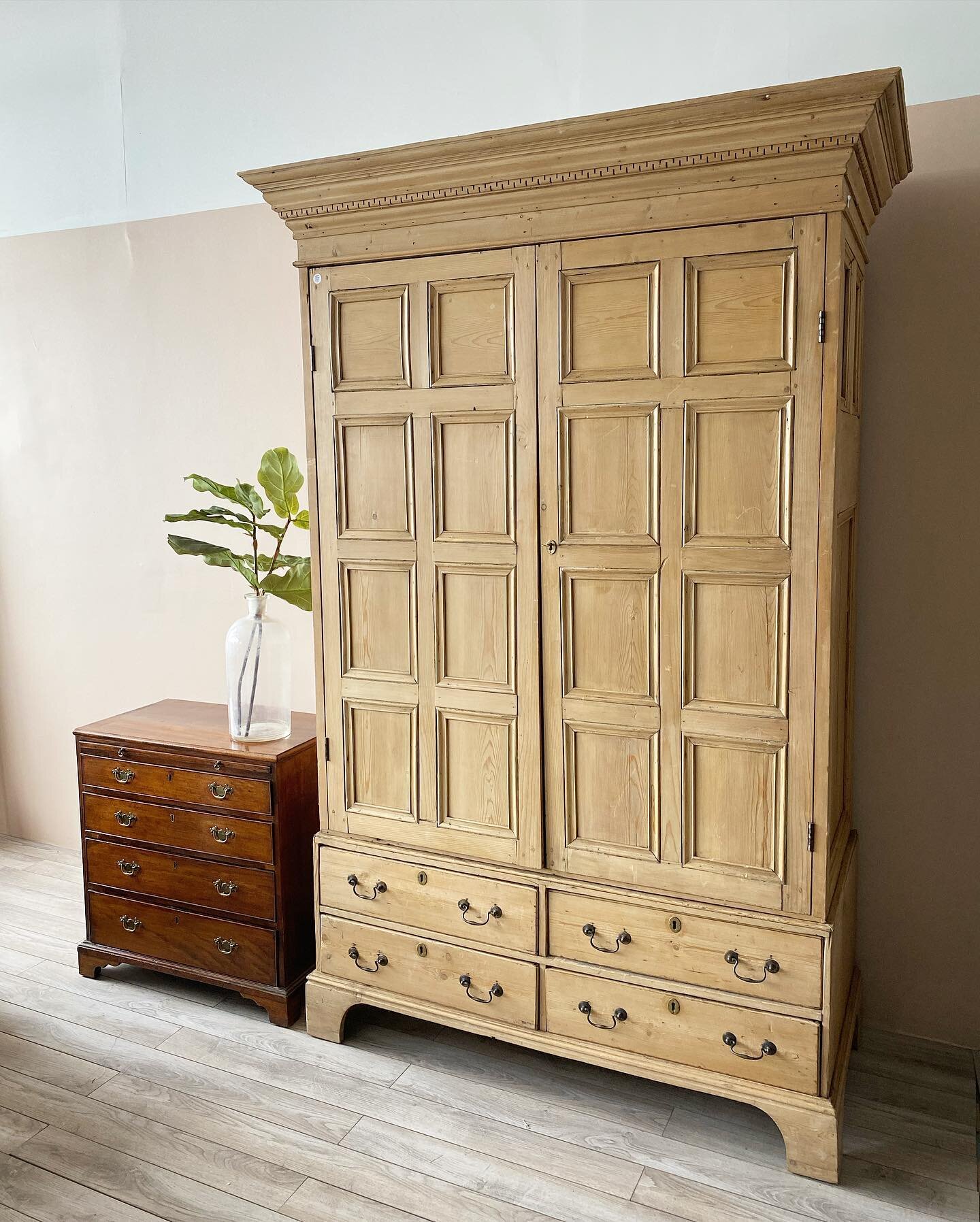 Massive 19thc. panelled pine cabinet just arrived. (Bachelor chest and dog for scale) More photos to come...when I have recovered from shoveling my car in and out of parking spaces and shouting obscenities to the world. 
.
.
.
#antiques #furniture #w