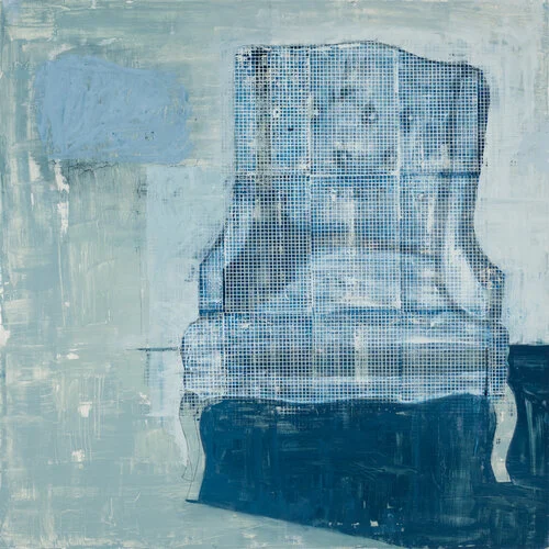 blue chair & fireplace