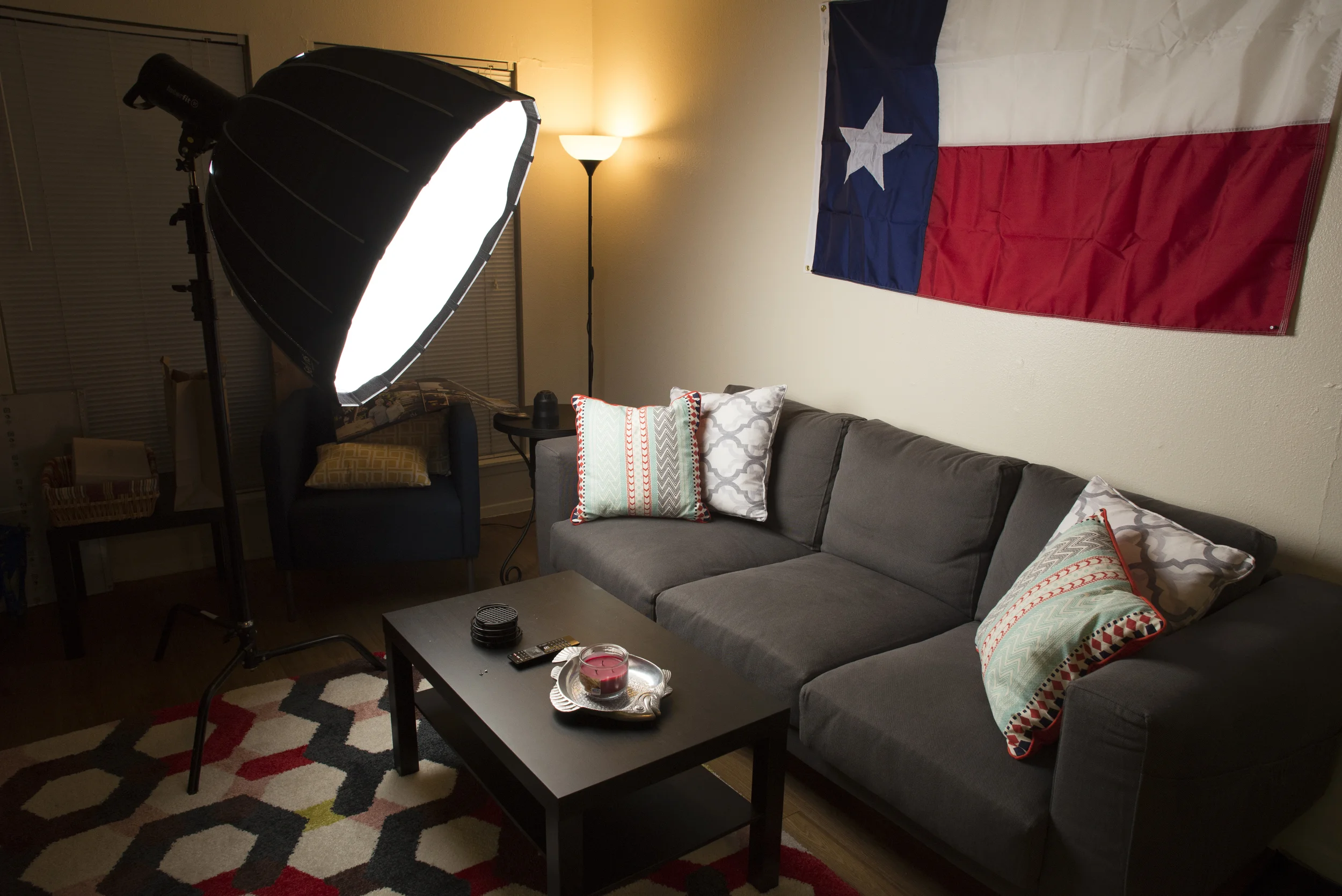 I've heard before that because of the minimum power output of this light, it can be hard to use in a dark setting. So this photo was made with the S1 at its lowest setting. Camera settings were 1/160 sec, f/7.1, ISO 800. The Selens umbrella is double diffused (the inner baffle removes any possible hotspot). So if this is still too much light for a dark ambient setting, you can always just get some ND gels and put that over the bulb.
