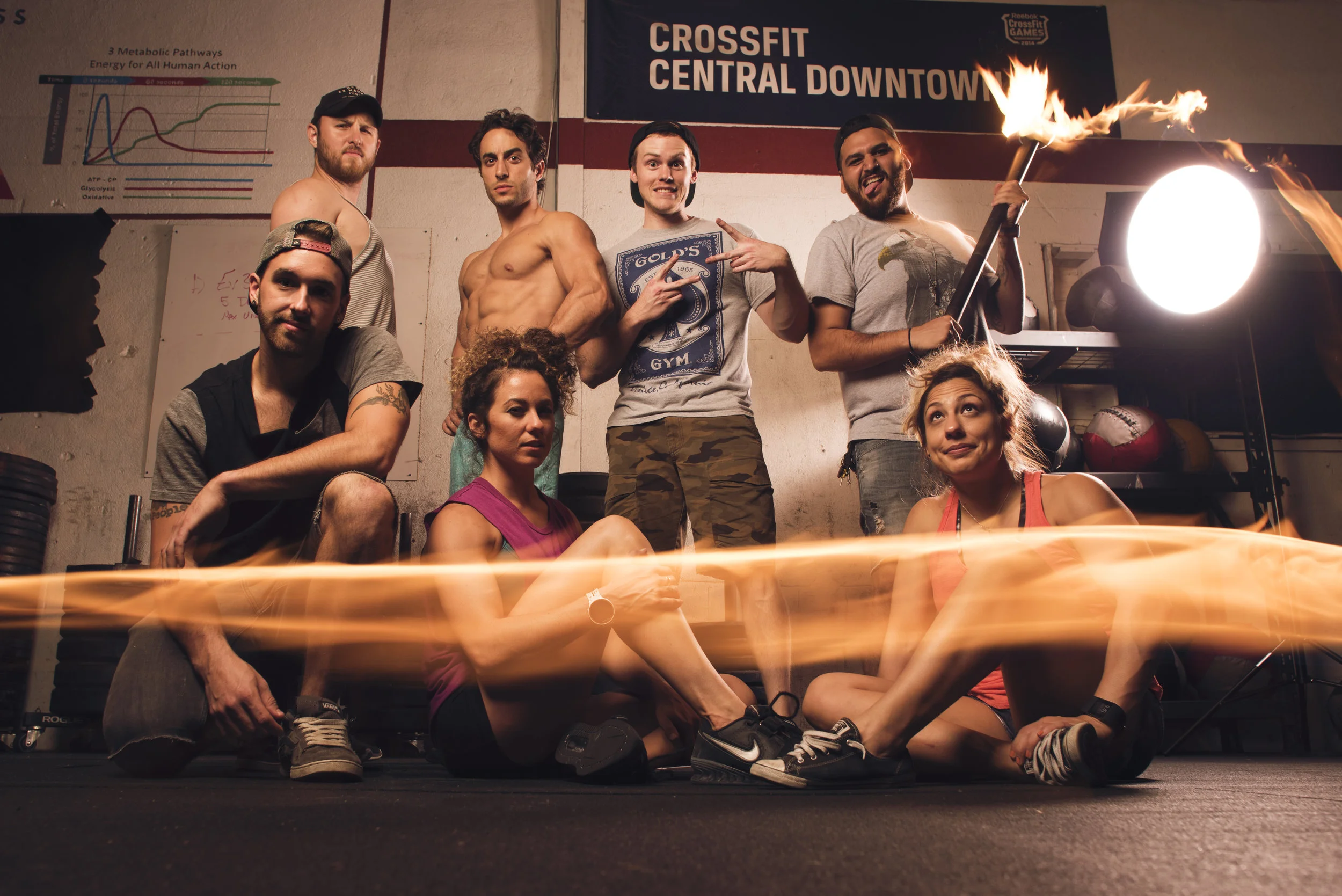 The team! (Left to right, top to bottom) Dillon Padgette (Digital Tech), Nader Issa (Athlete), myself, Behrad Ghomeshi (Fire Assist), Ben Tims (Fire Assist), Jetton Fontenot (Athlete), Andrea Valdez (BTS Video). Not pictured: Nicole Hughes (Assistant/Producer). And thanks to Jeremy Thiel (CoFounder of Crossfit Central) for letting us use the gym!