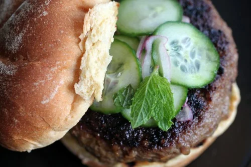 Smoky Lamb Burgers w/ Mint-Chili Pickled Cucumbers