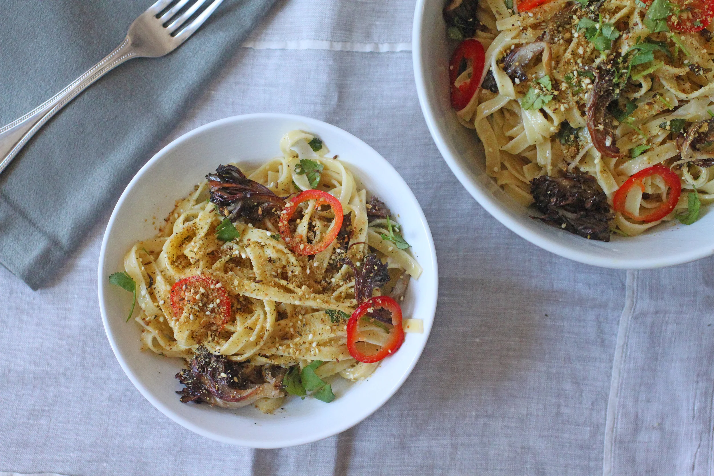 Tagliatelle with Maitake Mushrooms, Pickled Chilies & Egyptian Dukkah
